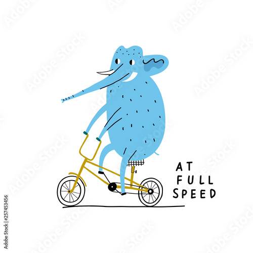 Vector illustration of a cartoon elephant riding on a bicycle. Can be used for baby t-shirt print, fashion print design, kids wear, baby shower celebration greeting and invitation card. - Vector photo