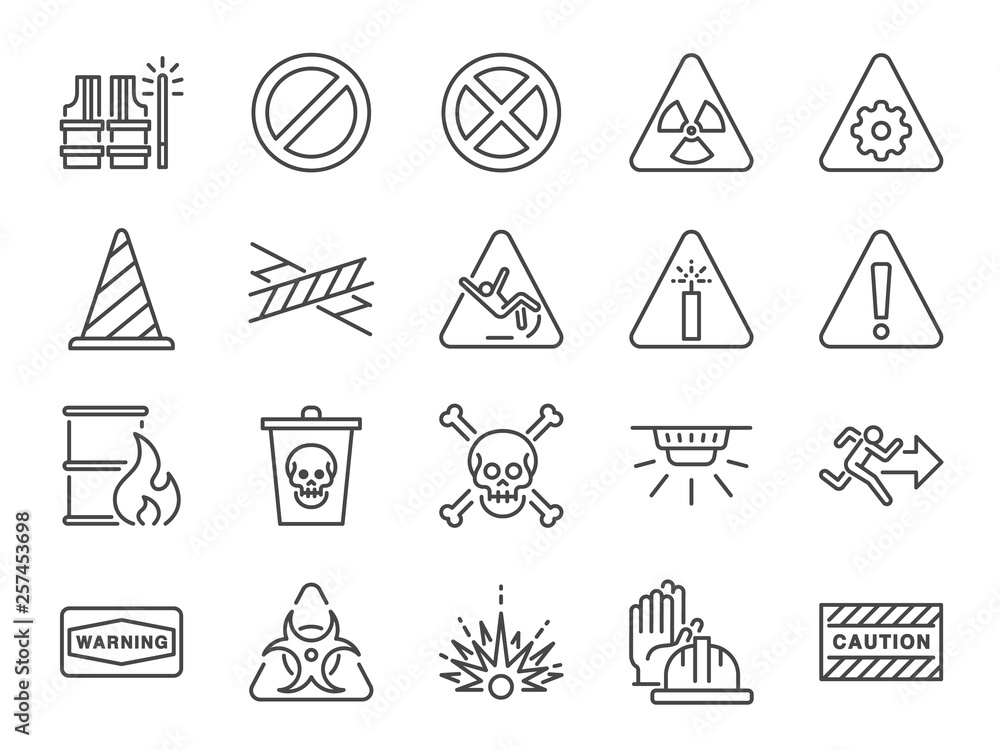 Alert line icon set. Included icons as warning, caution, danger, alarm, notice and more. - obrazy, fototapety, plakaty 