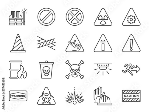 Alert line icon set. Included icons as warning, caution, danger, alarm, notice and more.