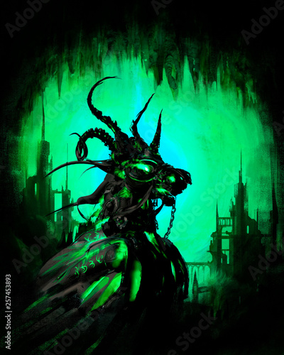 Green magic horse with horns and poisonous green eyes on the background of the underground city