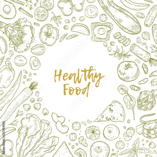 Monochrome square backdrop with frame consisted of healthy food drawn with co...