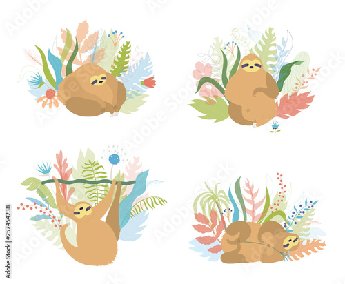 Vector illustration set of cute character sloth
