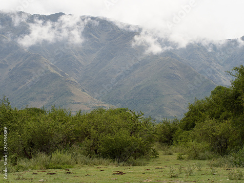 View of the Comechingones mountains covered in clouds in Villa de Merlo, San Luis, Argentina.