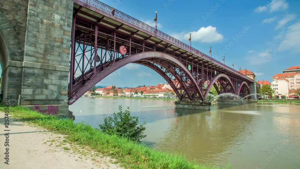 A beautiful purple bridge is connecting two banks of the city. It's a very nice architecture of the bridge. A beautiful purple bridge is connecting two banks of the city. It's a very nice architecture of the bridge.