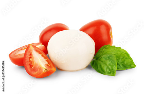 Mozzarella with cherry tomatoes and basil on a white background