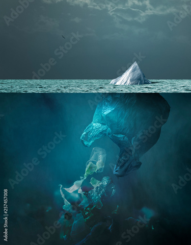Plastic bag iceberg floating in the ocean and global warming concept © stokkete