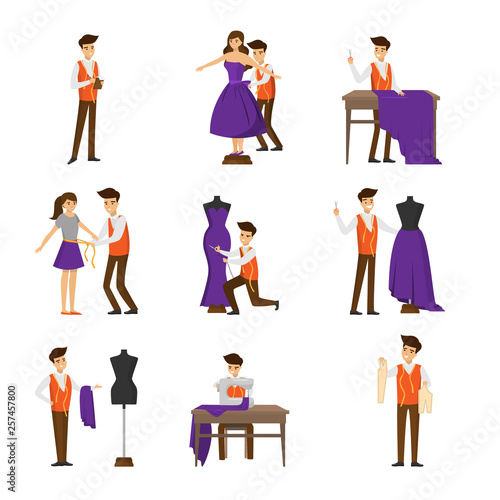 Male designer tailoring, measuring and sewing for female customer set