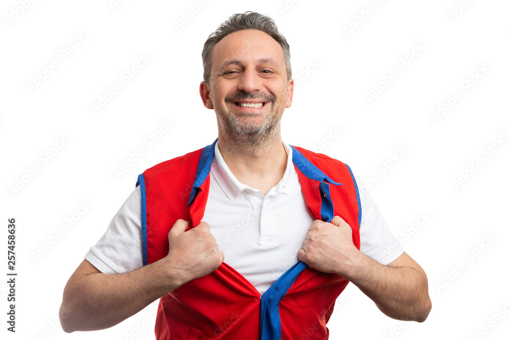 Supermarket employee opening vest as hero concept. Supermarket employee opening vest as hero concept.