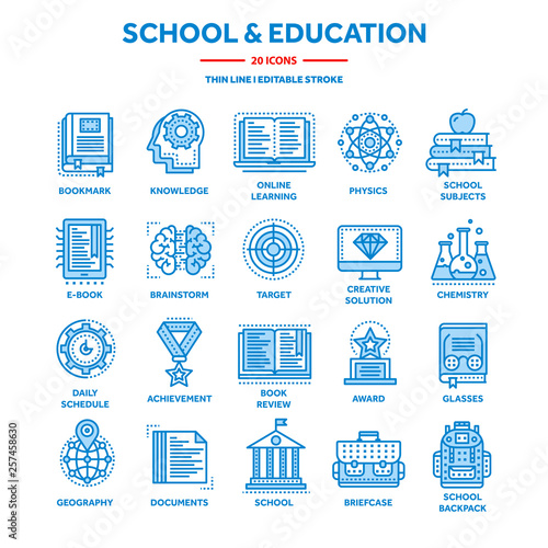 School education, university. Study, learning process. Oline lessons, tutorial. Student knowledge. History book.Thin line web icon set. Outline icons collection.Vector illustration.