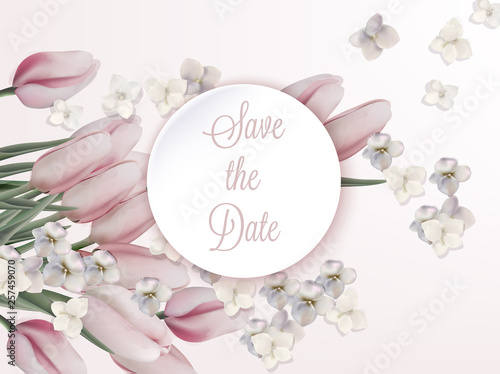 Pink tulips card Vector. Wedding, save the date, ceremony, birthday invitations