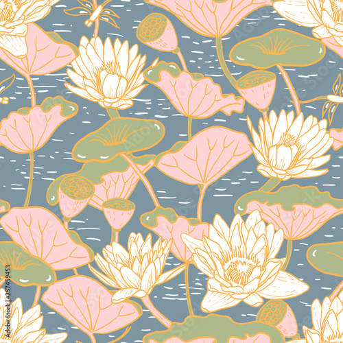 Elegant Water Lilies, Nymphaea seamless floral pattern