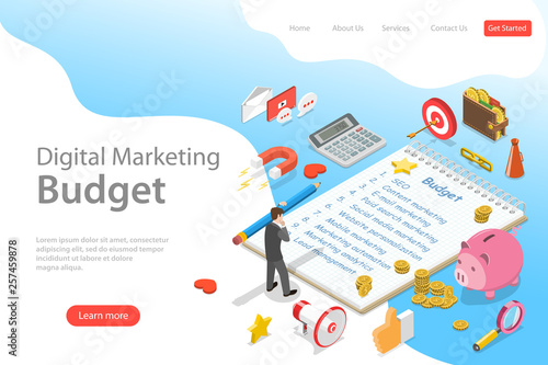 Flat isometric vector landing page template of digital marketing budget, seo, roi, advertising campaign calculation.