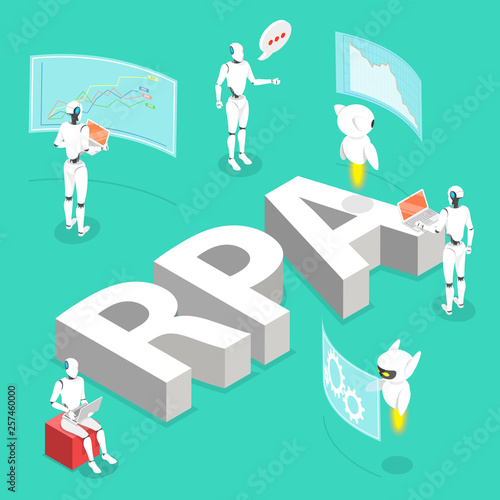 Isometric flat vector concept of robotic process automatisation, RPA, AI, artificial intelligence, machine learning.