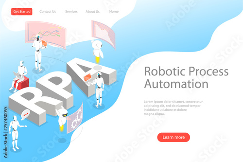 Isometric flat vector landing page template of robotic process automatisation, RPA, AI, artificial intelligence, machine learning.