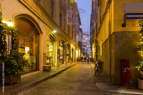 Night Christmas illumination of Parma in Italy