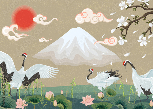 Illustration with cranes at sunset. Oriental illustration with blooming magnolia