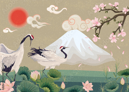 orientalna-ilustracja-z-kwitnaca-magnolia-i-zurawiami-przy-zmierzchu