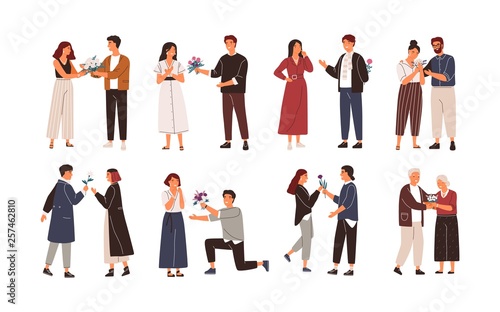 Collection of cute men giving flowers to women. Bundle of young and elderly admirers or adorers giving beautiful bouquets. Set of people with romantic gifts. Flat cartoon colorful vector illustration.