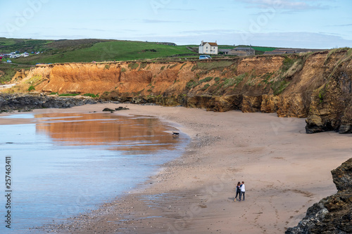 Two persons and a dog strolling on Godrevy beach  Cornwall