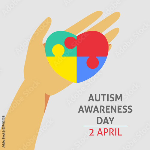A square vector image with a puzzle heart as a symbol of autism awareness. A world autism awareness day. A template for a medicine flyer poster card design 