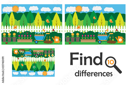 Find 10 differences, game for children, garden cartoon, education game for kids, preschool worksheet activity, task for the development of logical thinking, vector illustration