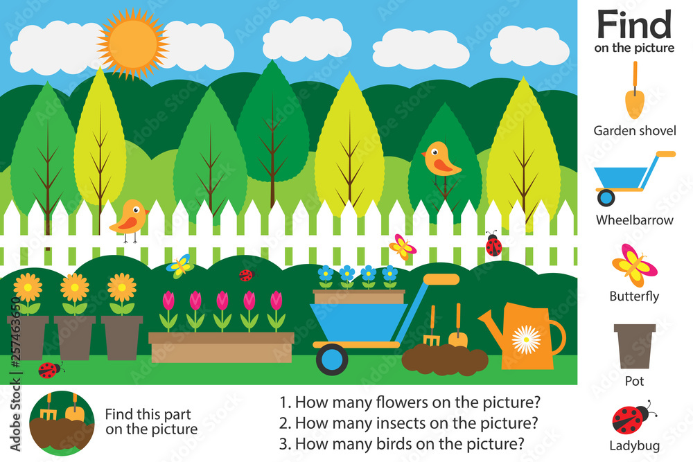 Activity page, garden picture in cartoon style, find images and answer