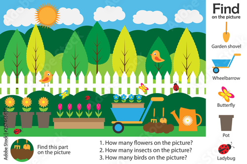Activity page, garden picture in cartoon style, find images and answer the questions, visual education game for the development of children, kids preschool activity, worksheet, vector illustration