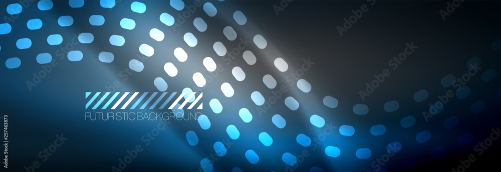 Fototapeta premium Glowing abstract wave on dark, shiny motion, Christmas and New Year magic space light. Techno abstract background