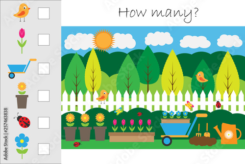 How many counting game with garden picture for kids, educational maths task for the development of logical thinking, preschool worksheet activity, count and write the result, vector illustration