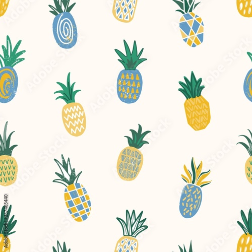 Summer seamless pattern with pineapples of different texture scattered on white background. Backdrop with delicious sweet fresh tropical juicy fruits. Flat vector illustration for fabric print.