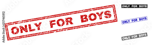 Grunge ONLY FOR BOYS rectangle stamp seals isolated on a white background. Rectangular seals with grunge texture in red, blue, black and gray colors.