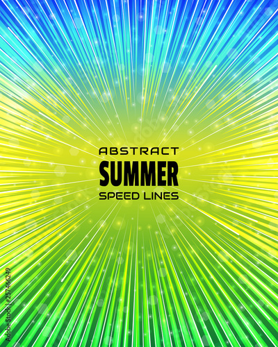 Summer background colorful speed lines. Effect motion lines for comic book and manga. Radial rays from center of frame with effect explosion. Template for design. Vector