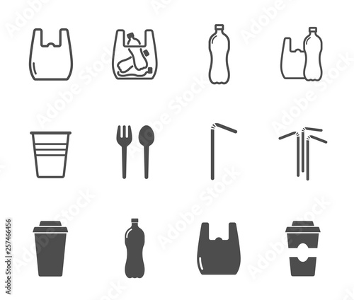 plastic products vector icon set. plastic bag, bottle, cup and straws outline and silhouette black icons