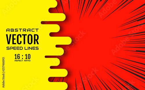Colorful speed lines background with space for text. Effect motion lines for comic book and manga. Radial rays from center of frame with effect explosion. Template for design. Vector