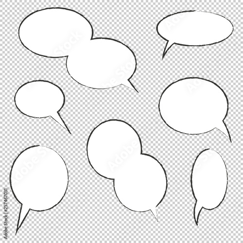 Set of hand drawn speech bubbles. Transparent background. Circle chat box. Vector Illustration.