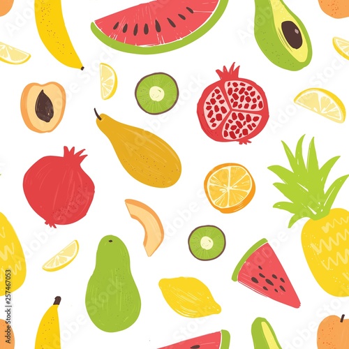 Fototapeta Naklejka Na Ścianę i Meble -  Seamless pattern with exotic tropical fruits on white background. Decorative summer backdrop with fresh dietary veggie food. Flat vector illustration for wrapping paper, textile print, wallpaper.