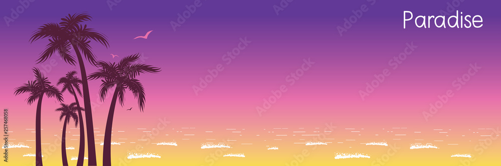 Tropical island paradise background with palms silhouette and sun