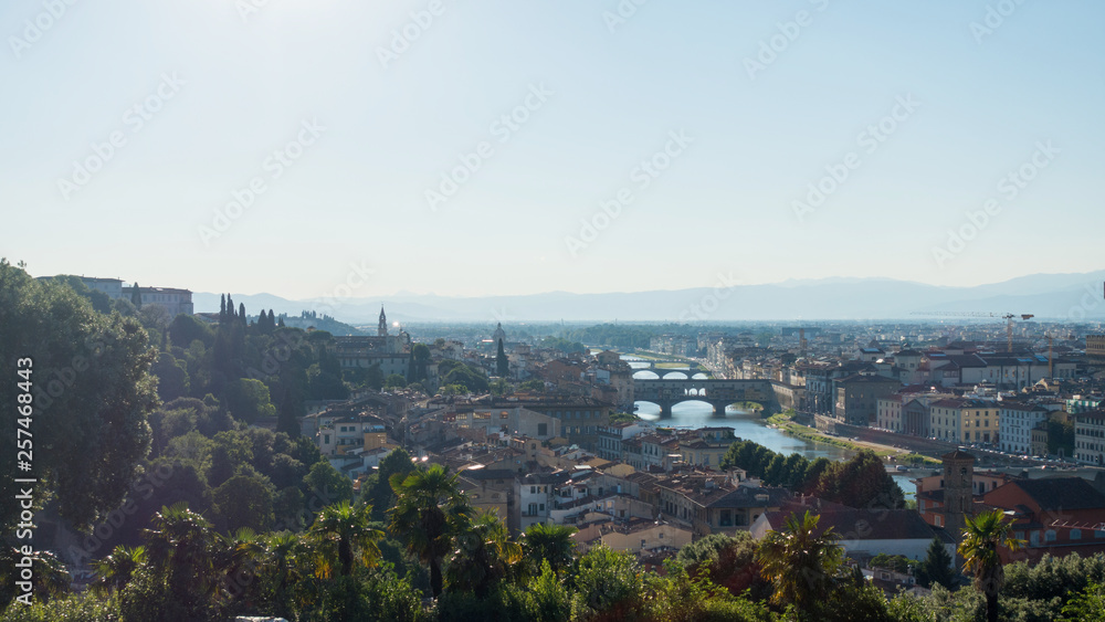 View of Florence, bridges and river, the red roofs of houses.