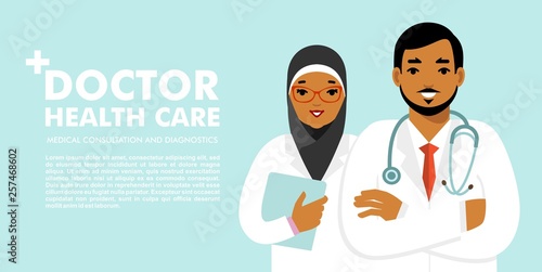 Medical background with muslim doctors characters. Web banner with team of islamic medicals staff. Health care and medicine concept.