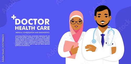 Medical background with muslim doctors characters. Web banner with team of islamic medicals staff. Health care and medicine concept.