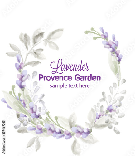 Lavender wreath card Vector watercolor. Provence flowers delicate wedding, ce...