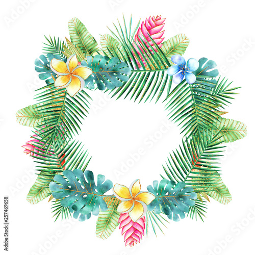 Watercolor frame. Tropical flowers  leaves. Isolated on white background design element
