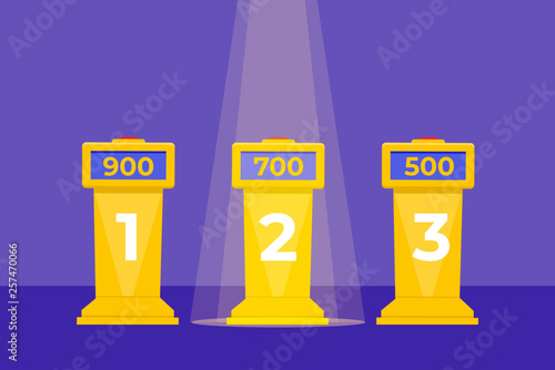 Quiz show three tables concept flat style.  Tv competition. Vector illustration.