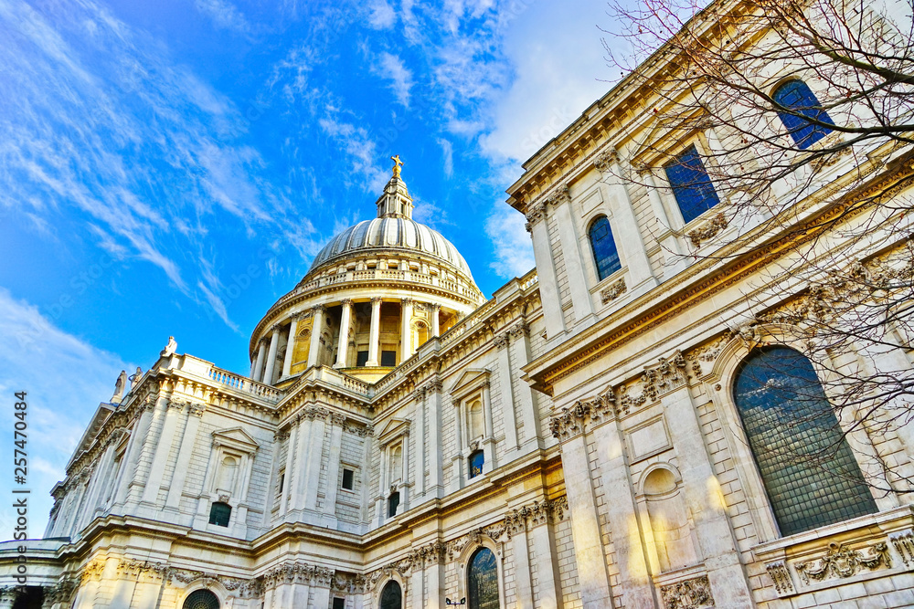 View of St. Paul's Cathedral on a sunny day in London.