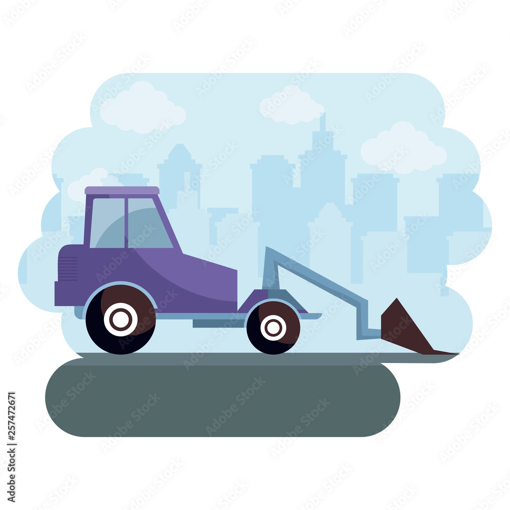 under construction excavator vehicle with cityscape under construction excavator vehicle with cityscape