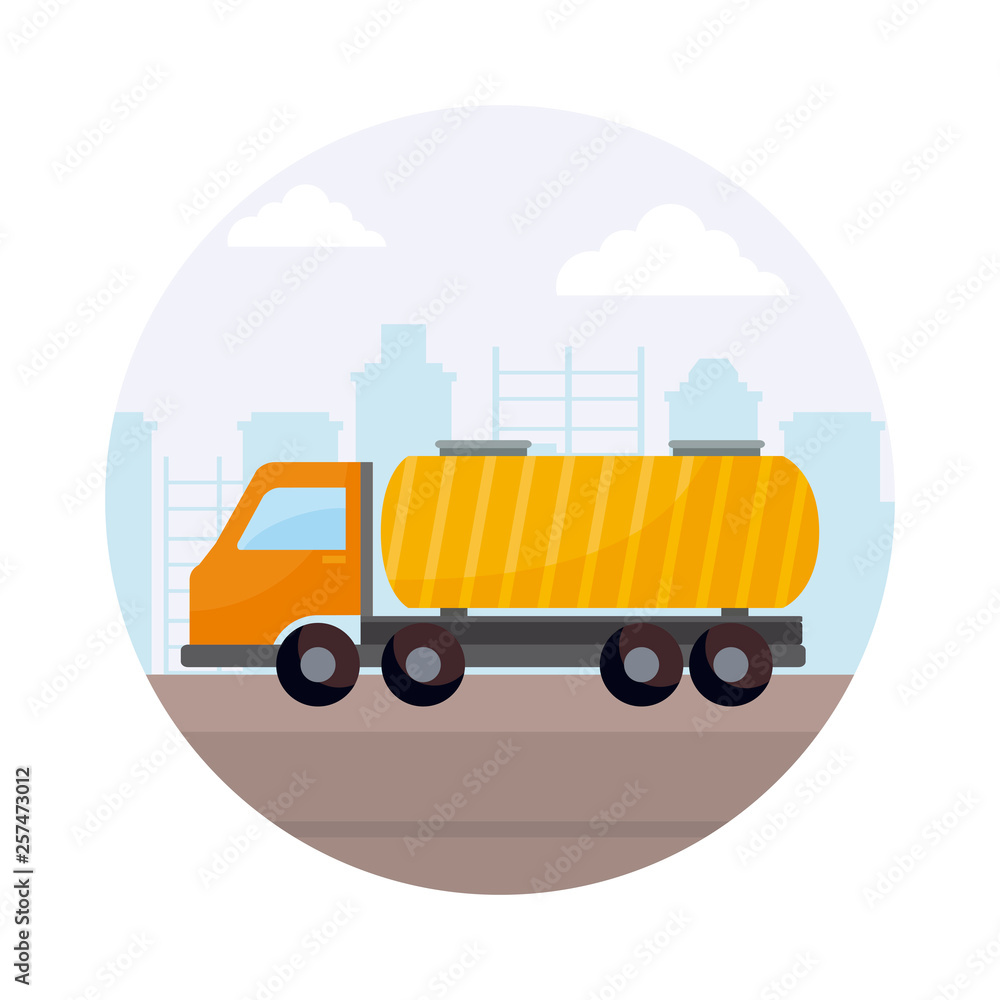 Naklejka premium tanker truck vehicle with cityscape