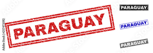 Grunge PARAGUAY rectangle stamp seals isolated on a white background. Rectangular seals with distress texture in red, blue, black and grey colors.