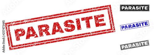 Grunge PARASITE rectangle stamp seals isolated on a white background. Rectangular seals with grunge texture in red, blue, black and grey colors.