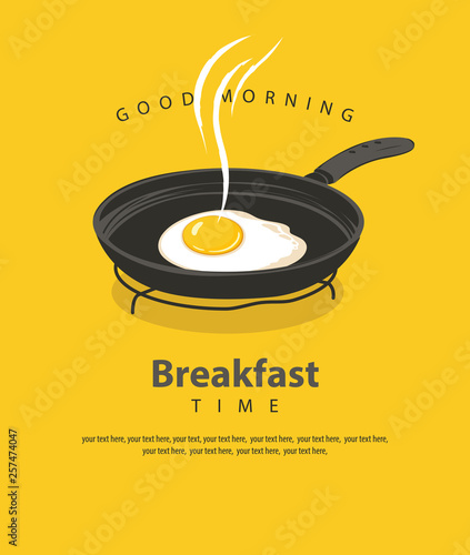 Vector banner on the theme of Breakfast time with a fried egg on a frying pan, with place for text in retro style on the yellow background