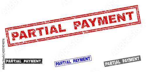 Grunge PARTIAL PAYMENT rectangle stamp seals isolated on a white background. Rectangular seals with grunge texture in red, blue, black and gray colors.